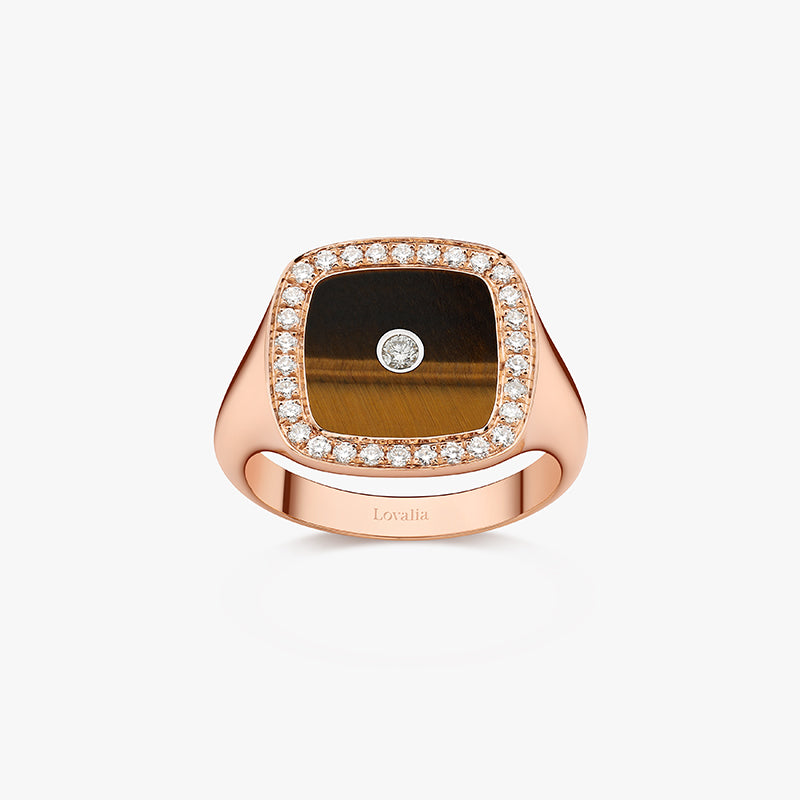 BAGUE CHEVALIERE OEIL DE TIGRE OR ROSE